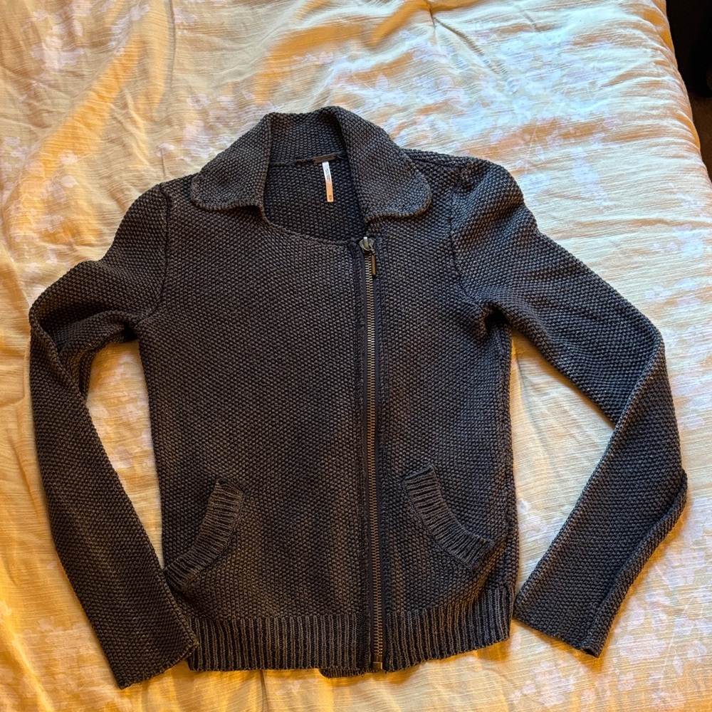 Free People Charcoal Zip-Up Cardigan